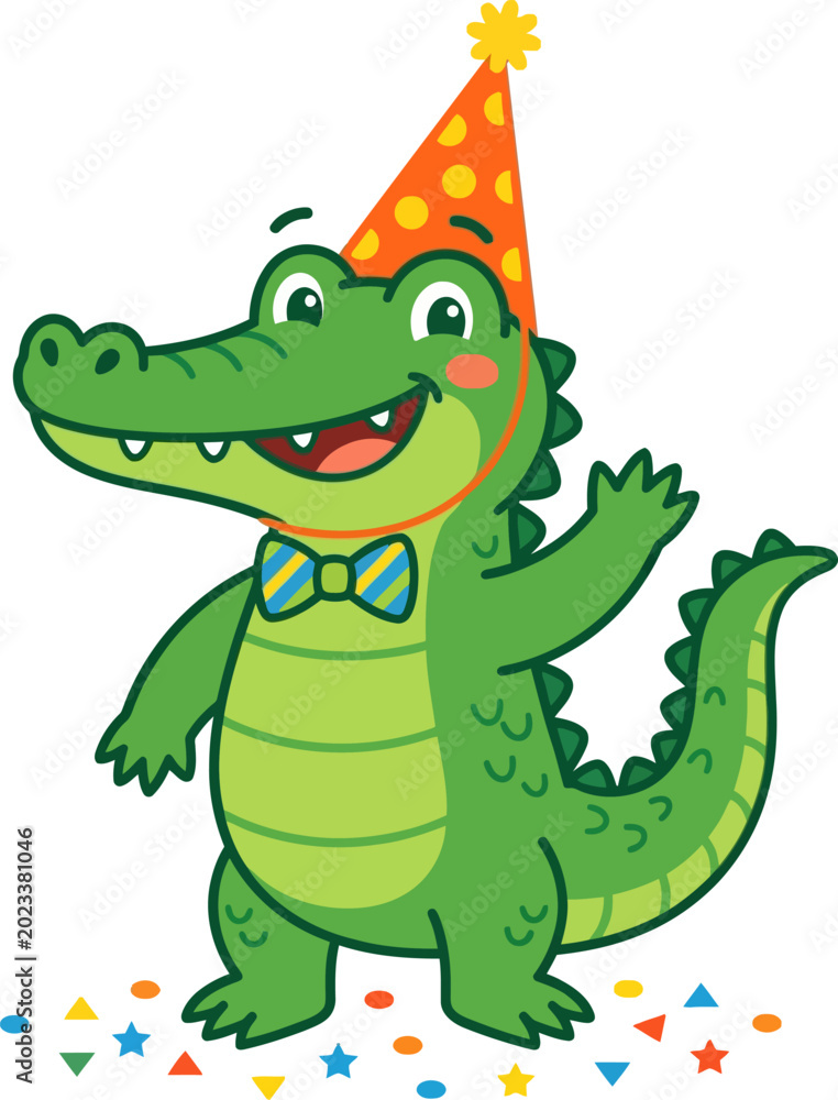 Fototapeta premium Happy cartoon crocodile wearing party hat and bow tie isolated on transparent background, Vector, illustration