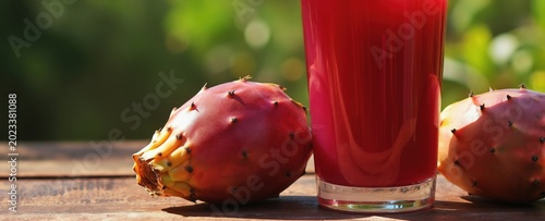 Red prickly pear fruits and juice on wood table in bright sunlight. Refreshing drink made from cactus fruit. Healthy natural beverage for summer.