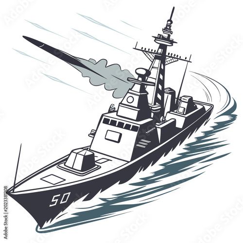 Fotografi military destroyer ship illustration with missile launch gray and white