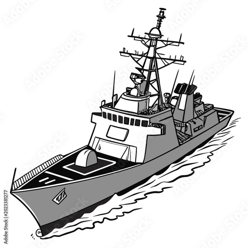 Foto guided missile destroyer ship illustration with water wake