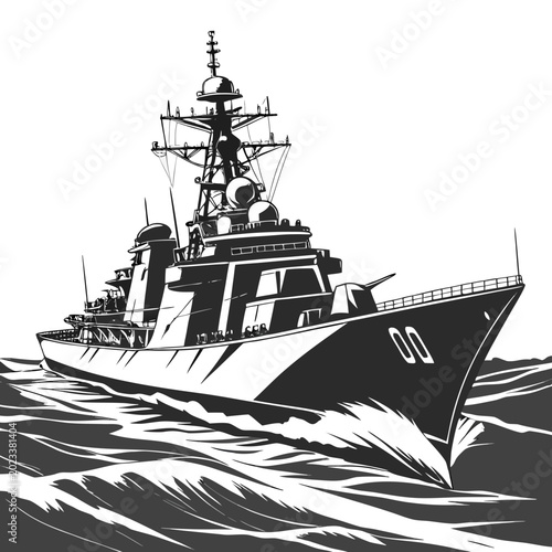 Obraz na płótnie battleship on the ocean black and white vector illustration