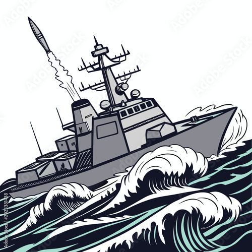 Fotografi stealth destroyer ship illustration with ocean waves grayscale