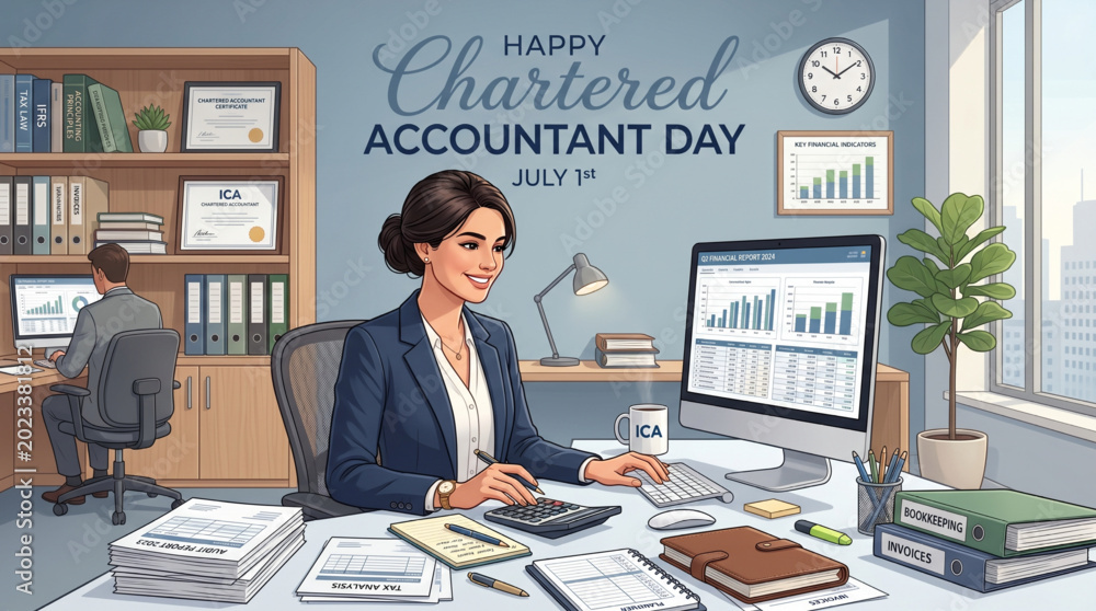 Fototapeta premium Professional Chartered Accountant Day office workspace with financial reporting for corporate business celebration