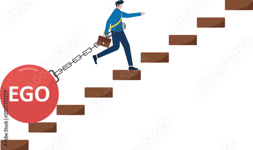 Foto Professional pulling heavy ego chain up career stairs