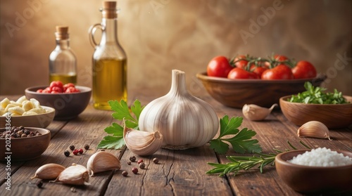 Fresh garlic bulb and cloves on wooden table with Mediterranean ingredients. Cooking concept with olive oil, tomatoes, and herbs in rustic kitchen setting.