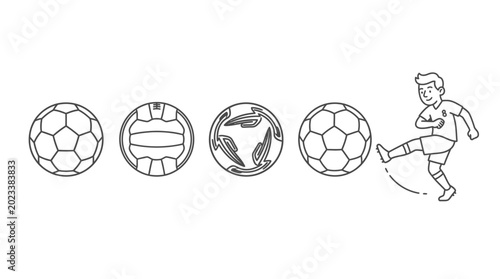 A minimalist illustration depicting a progression of soccer balls, culminating in a person kicking one into space
