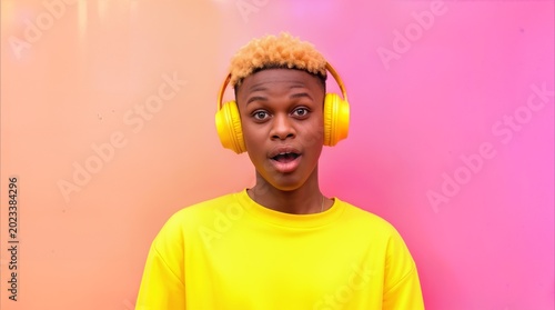 Teenager with surprised expression wearing yellow headphones and t-shirt against pink background. Eye level view of shocked young adult reacting to audio content.