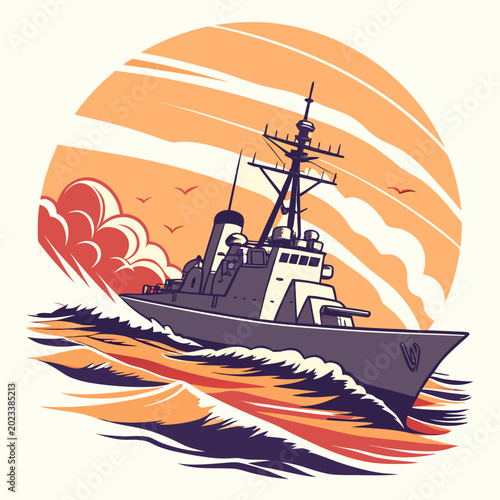 Fotografi military destroyer ship sailing on rough seas stylized illustration