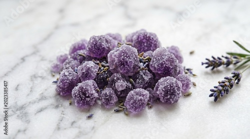 Sugar coated purple candies with lavender