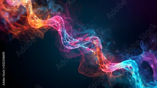 An intricate display showcases fluid, interwoven strands of vibrant blue, purple, and orange, evoking a sense of ethereal beauty and dynamic energy in darkness.