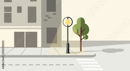 Cuadro en lienzo Flat design street scene with building, lamp post, tree, and crosswalk