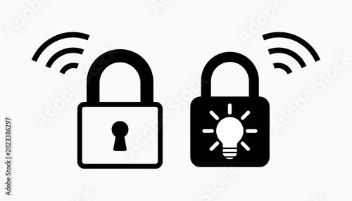 Photos Black padlock with wifi signal and lightbulb wireless