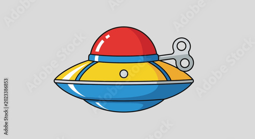 a colorful wind-up toy ufo illustration with a classic winding key a playful retro space toy for childrens designs.