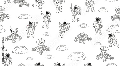 astronauts and rovers on the moon surface drawing style seamless pattern