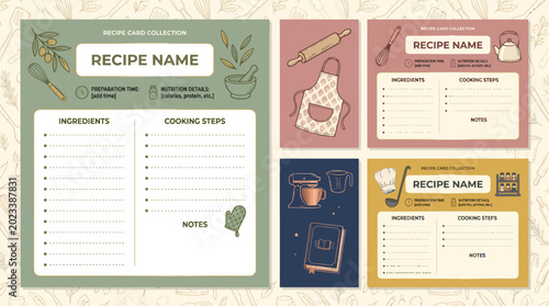 Aesthetic culinary recipe card template layout with kitchen utensil graphics