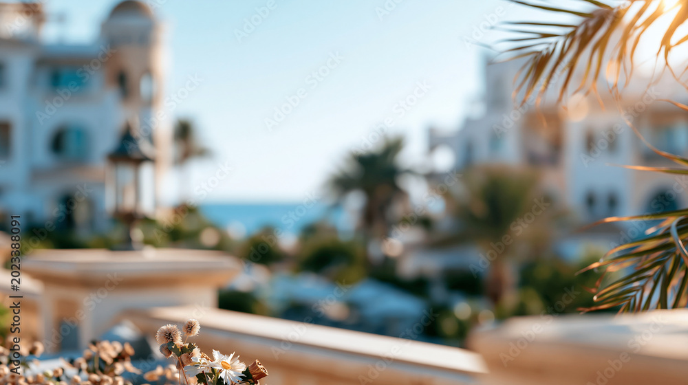 Fototapeta premium A bright luxury hotel view opens up with soft coastal architecture under a calm clear sky hotel view faceless background clear sky blurred backdrop coastal architecture