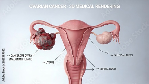 Ovarian Cancer 3D Medical Rendering, Labeled Diagram of the Female Reproductive System Comparing a Cancerous Ovary with Malignant Tumor and a Normal Ovary, Showing the Uterus and Fallopian Tubes, Educ