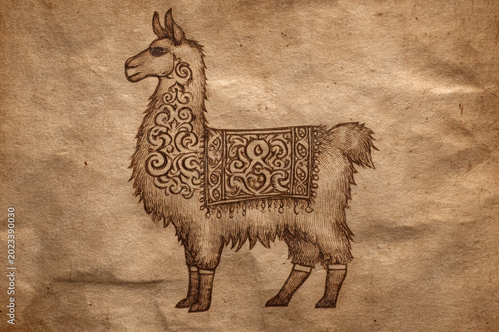 Fototapeta premium Illustration of a standing llama with ornate blanket, vintage art print