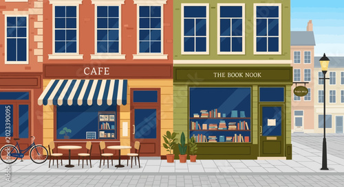 Foto Cozy Cafe and Bookstore Facades on a European Street with Outdoor Seating
