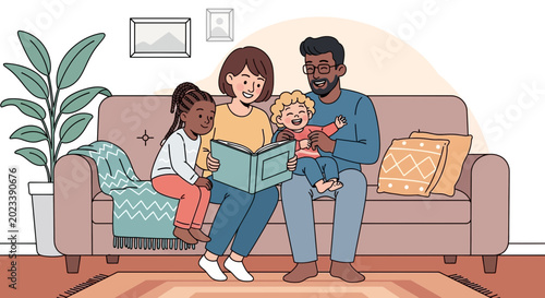 Fotografie Happy diverse family reading book on sofa, enjoying story time together at home