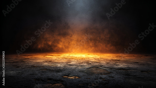 A dark, gritty image of a stone floor bathed in fiery orange and yellow light, fading into smoke and shadow