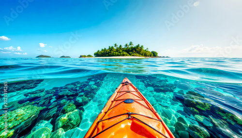 Kayak Approaching Remote Tropical Island Over Crystal Clear Turquoise Ocean Water Under Sunny Sky.