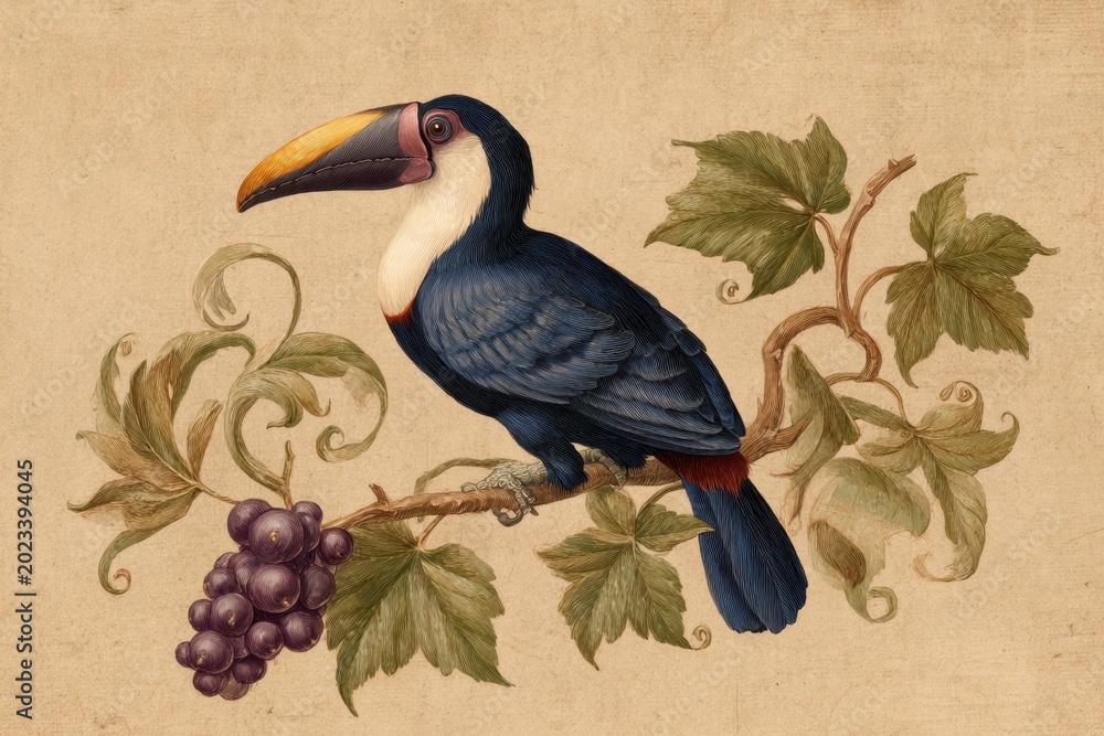 Fototapeta premium Historical Bird and Fruit Botanical Illustration on Vintage Paper Texture