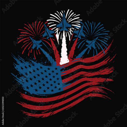 Foto Patriotic American Flag with Fighter Jets and Fireworks Vector Illustration