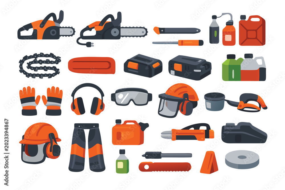 Naklejka premium Professional Chainsaw Equipment and Safety Gear Set, Flat Vector Icons of Power Tools, Rechargeable Batteries, Helmets, Gloves, and Protective Accessories for Forestry and Woodworking Projects