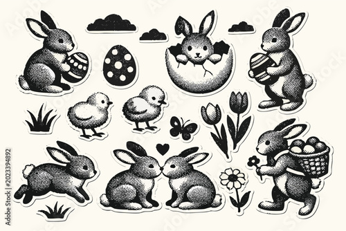 Retro halftone Easter bunny collage set with vintage photocopy stipple effect featuring artistic rabbit stickers and cut out elements for creative spring holiday decor and greeting card design.