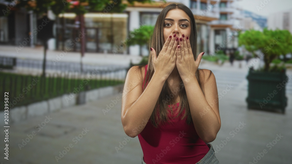 Fototapeta premium Young woman with open palms blowing a kiss toward camera on a city street, wearing red tank top and denim jeans; playful affection.