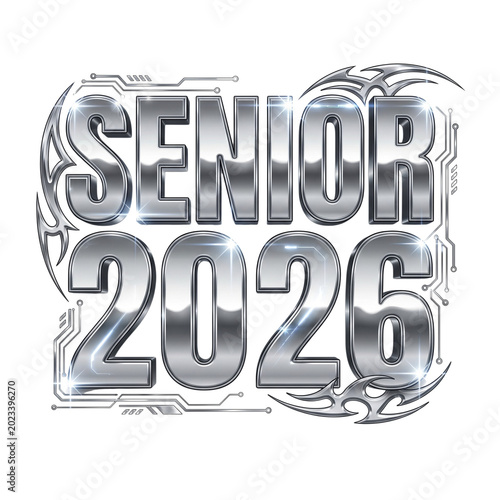 Chrome typography reading senior 2026 with futuristic design elements