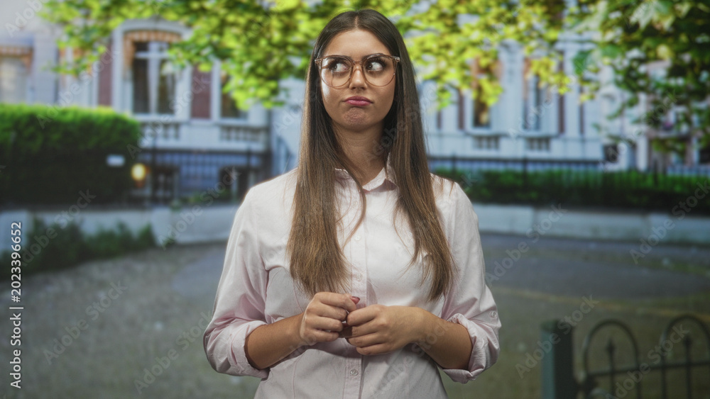 Fototapeta premium Woman with glasses clasps hands and fidgets fingers while standing before a leafy urban building on a quiet street; uncertainty thoughtful reflection.