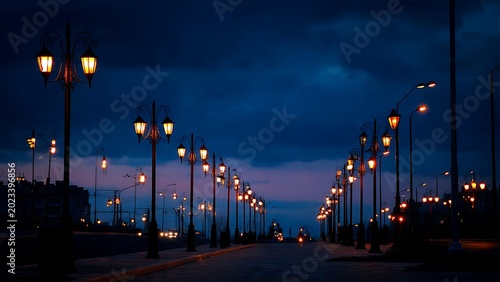 Endless path of illuminated streetlights stretching into the evening twilight, creating a captivating and tranquil urban road scene