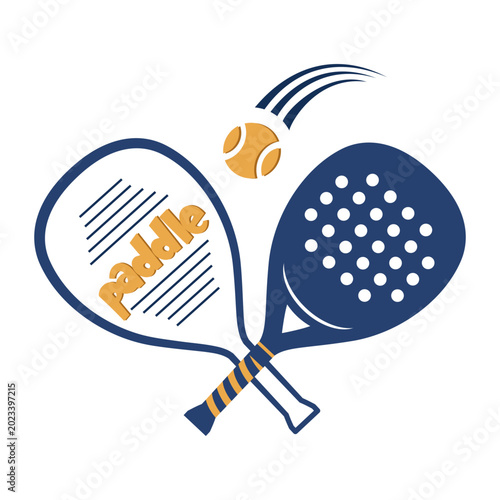 Flat vector illustration of a bright padel racket and a matching striped ball isolated on a white background.