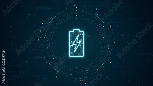 Motion graphic of battery charging technology with glowing energy icon, digital HUD rings, and data interface for clean power, device promotion, and presentation background