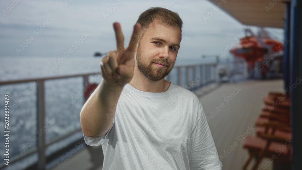 Fototapeta premium Man showing peace sign with hand on cruise ship deck building near railing and lifeboats; serene leisure travel.
