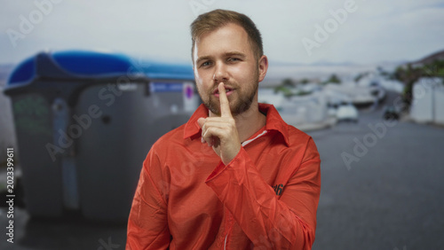 Fotografie Man in orange prisoner jumpsuit with finger to lips for silence next to recycling container on street outdoors; secrecy
