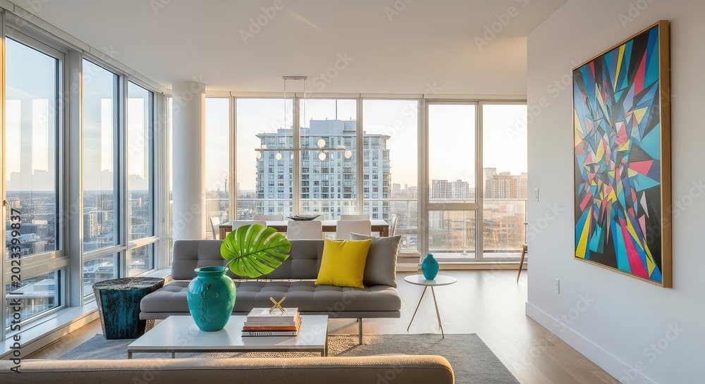 Fototapeta premium A bright modern residential interior during a property viewing with open floor plans, large windows, contemporary furniture, and decor, upscale, structure, building
