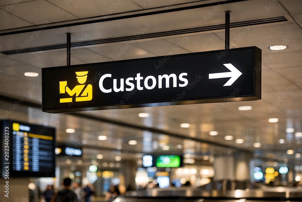 Fototapeta premium Customs Sign at Airport Guiding Travelers Through International Security
