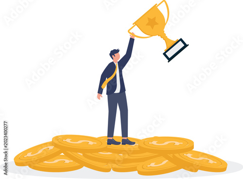 Slika na platnu Professional holding trophy aloft standing on gold coin stack