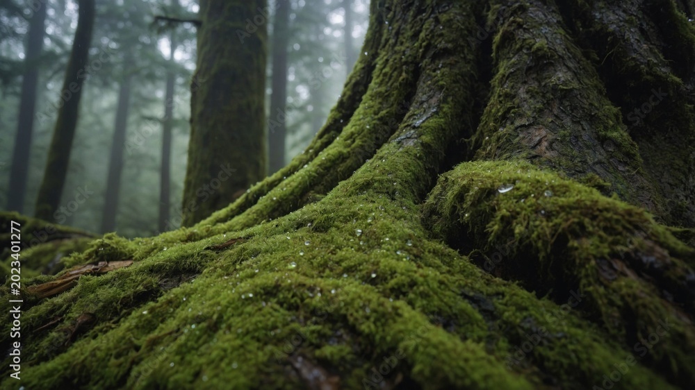 Fototapeta premium Close-up view of moss-covered tree roots in a misty forest, showcasing nature's tranquility and beauty