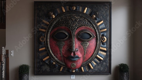 Ornate stylized ancient sun mask wall sculpture with intricate red, gold, and dark details, evoking mythological elegance and cultural mystique