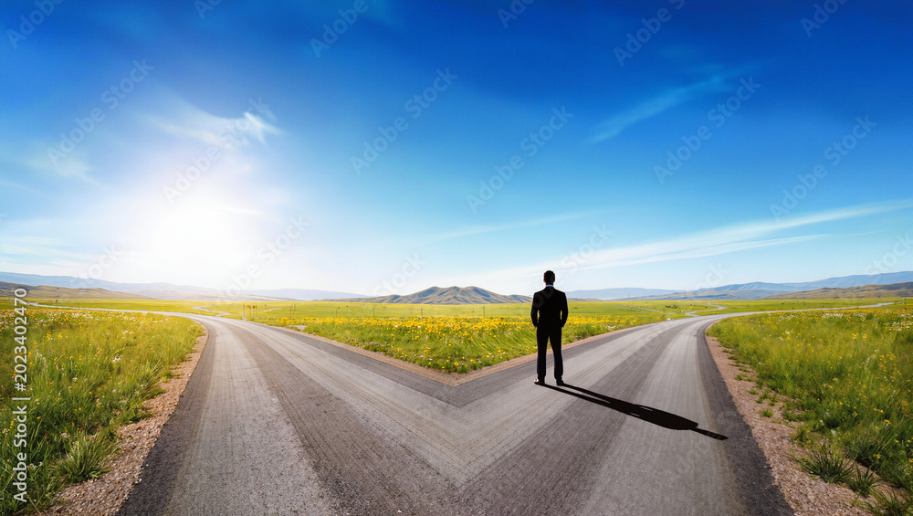Fototapeta premium Businessman standing at crossroads facing two diverging roads in vast countryside landscape, conceptual decision making and choice metaphor, editorial business strategy photography with copy space