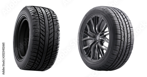 Schilderij op canvas Two car tires stacked isolated PNG on transparent background, new winter automob
