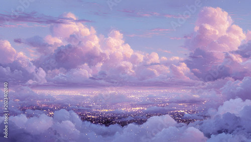 An ethereal vista shows a city below fluffy pink clouds at dusk. The sky is a gradient of blues and purples