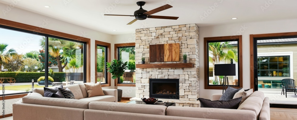 Obraz premium Modern living room with plush sofa fireplace stone accent wall large windows offering garden views. Ceiling fan circulates air. Comfortable home interior design.