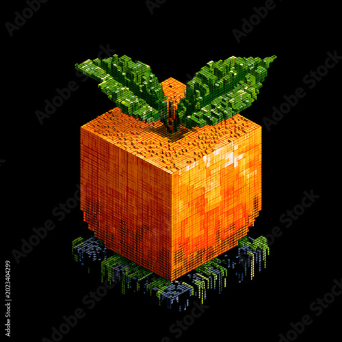 A vibrant, pixelated cube resembling citrus fruit with detailed leaves, set against a dark backdrop