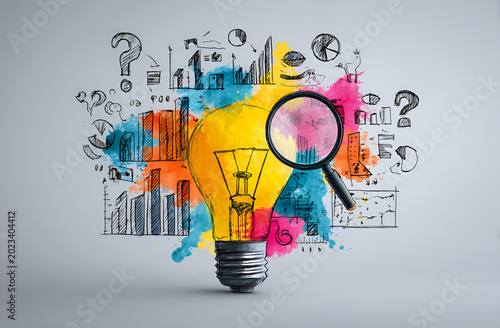 A vibrant lightbulb is center with data sketches, question marks, charts, and abstract color splashes. A magnifying glass hovers above