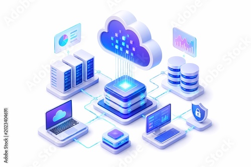 Modern isometric 3D illustration of cloud computing infrastructure with servers, databases, cybersecurity protection, analytics dashboard, laptop devices, and digital network connections.
